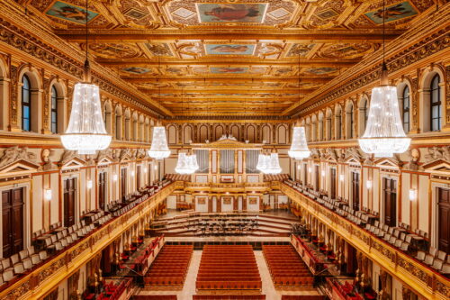 View of the Golden Hall of the Musikverein, with ceiling, stage and seating
